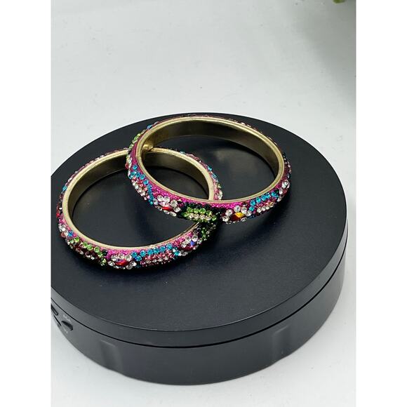 Deepa Gurnani Thin Pink Colorful Multicolored Rhinestone Bangle Bracelet Set - Picture 4 of 8